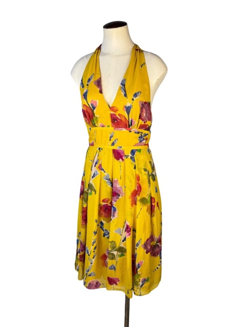 Adrianna Papell Silk Floral Print Halter Dress Size 4 Knee-Length Back Tie Waist